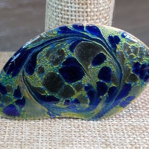 Vintage Signed A. Gagnon Handmade Copper Enamel Art Brooch MCM Green, Gold, Blue